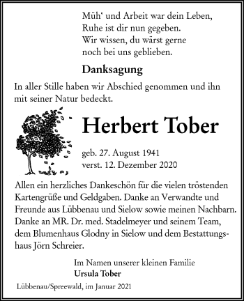 Traueranzeige von Herbert Tober von lausitzer_rundschau