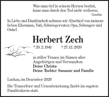 Traueranzeige von Herbert Zech von lausitzer_rundschau
