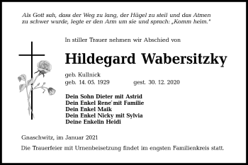 Traueranzeige von Hildegard Wabersitzky von lausitzer_rundschau