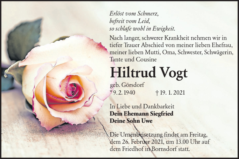  Traueranzeige für Hiltrud Vogt vom 30.01.2021 aus lausitzer_rundschau