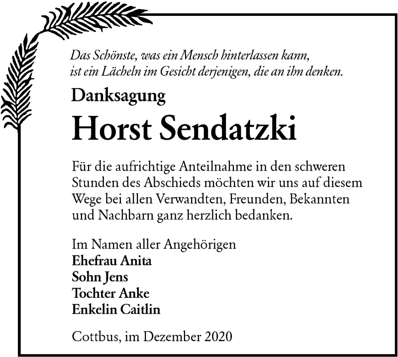  Traueranzeige für Horst Sendatzki vom 09.01.2021 aus lausitzer_rundschau