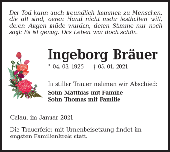 Traueranzeige von Ingeborg Bräuer von lausitzer_rundschau