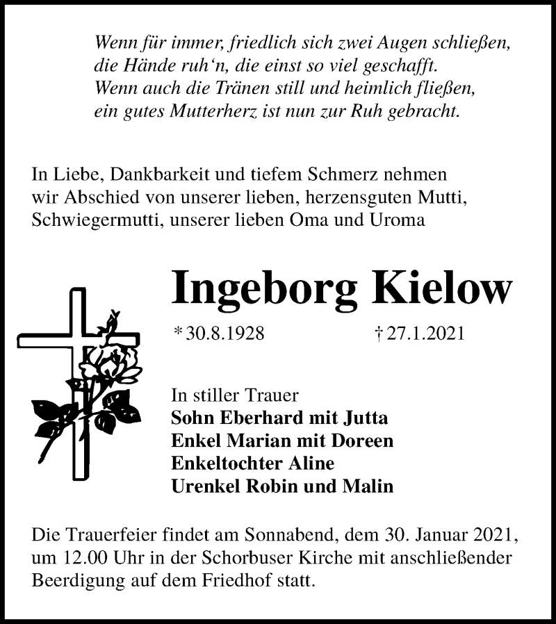  Traueranzeige für Ingeborg Kielow vom 29.01.2021 aus lausitzer_rundschau