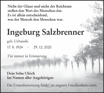 Traueranzeige von Ingeburg Salzbrenner von lausitzer_rundschau