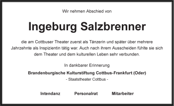 Traueranzeige von Ingeburg Salzbrenner von lausitzer_rundschau