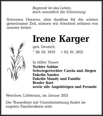 Traueranzeige von Irene Karger von lausitzer_rundschau