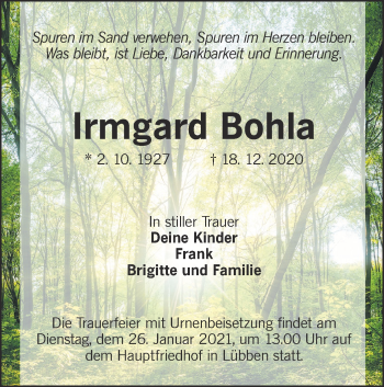 Traueranzeige von Irmgard Bohla von lausitzer_rundschau