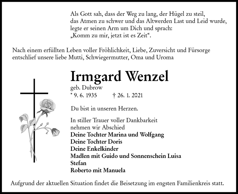  Traueranzeige für Irmgard Wenzel vom 30.01.2021 aus lausitzer_rundschau