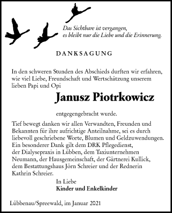 Traueranzeige von Janusz Piotrkowicz von lausitzer_rundschau