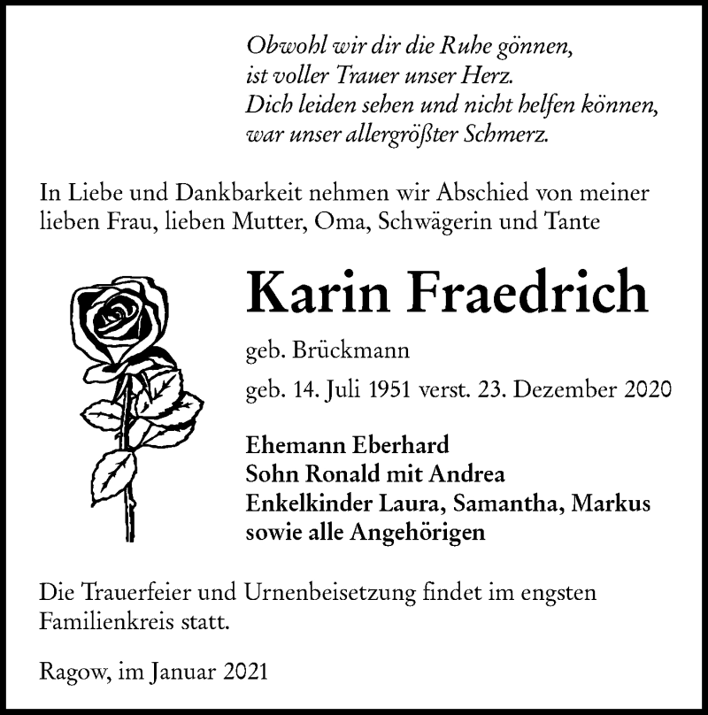  Traueranzeige für Karin Fraedrich vom 09.01.2021 aus lausitzer_rundschau