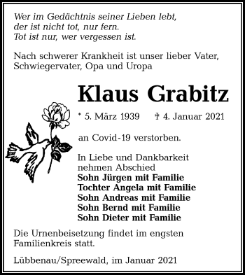 Traueranzeige von Klaus Grabitz von lausitzer_rundschau