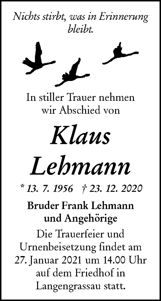  Traueranzeige für Klaus Lehmann vom 16.01.2021 aus lausitzer_rundschau