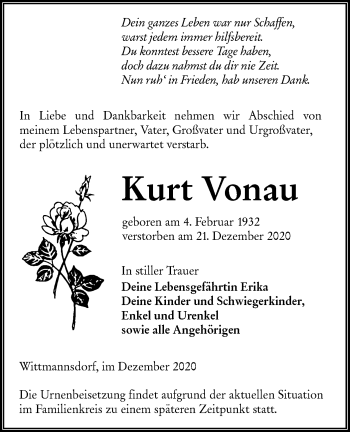 Traueranzeige von Kurt Vonau von lausitzer_rundschau