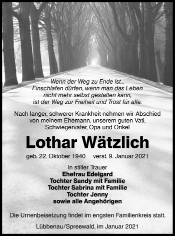 Traueranzeige von Lothar Wätzlich von lausitzer_rundschau