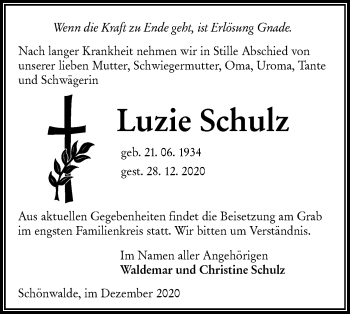 Traueranzeige von Luzie Schulz von lausitzer_rundschau
