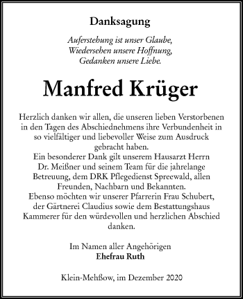 Traueranzeige von Manfred Krüger von lausitzer_rundschau