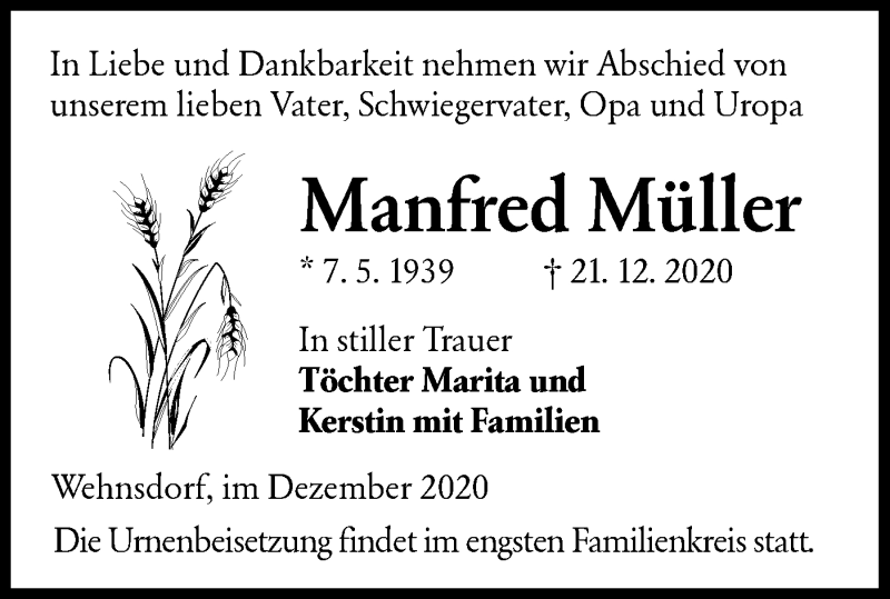  Traueranzeige für Manfred Müller vom 02.01.2021 aus lausitzer_rundschau
