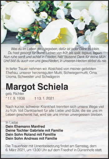 Traueranzeige von Margot Schiela von lausitzer_rundschau