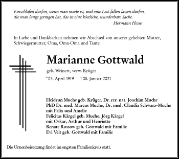 Traueranzeige von Marianne Gottwald von lausitzer_rundschau