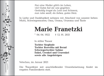 Traueranzeige von Marie Franetzki von lausitzer_rundschau