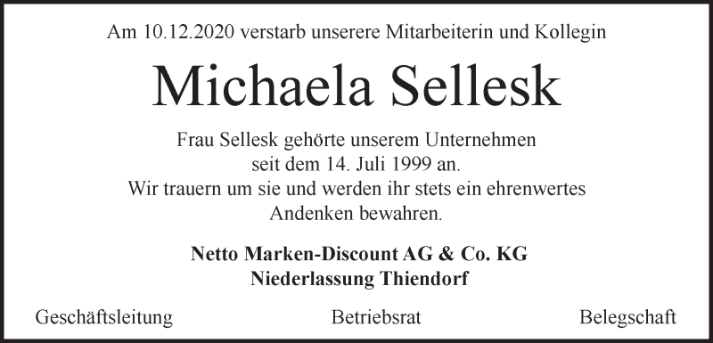  Traueranzeige für Michaela Sellesk vom 04.01.2021 aus lausitzer_rundschau