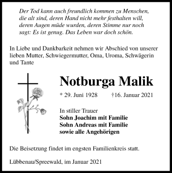 Traueranzeige von Notburga Malik von lausitzer_rundschau