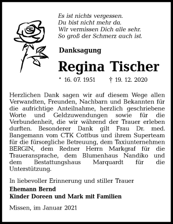 Traueranzeige von Regina Tischer von lausitzer_rundschau