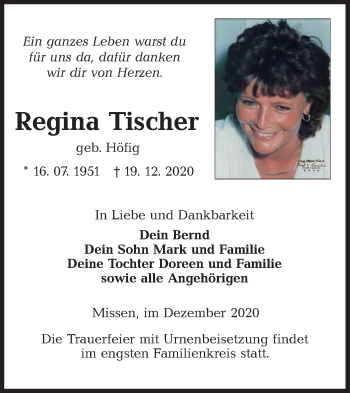 Traueranzeige von Regina Tischer von lausitzer_rundschau