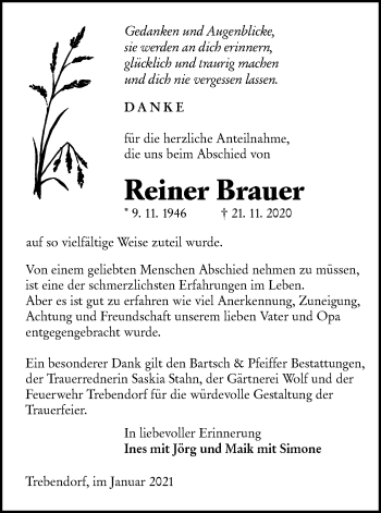 Traueranzeige von Reiner Brauer von lausitzer_rundschau