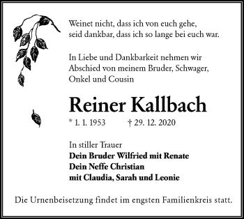 Traueranzeige von Reiner Kallbach von lausitzer_rundschau