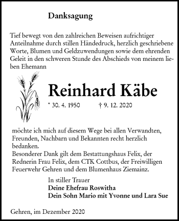 Traueranzeige von Reinhard Käbe von lausitzer_rundschau
