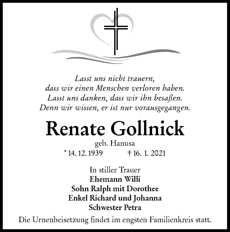  Traueranzeige für Renate Gollnick vom 23.01.2021 aus lausitzer_rundschau