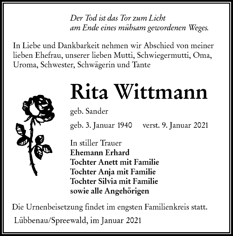 Traueranzeige für Rita Wittmann vom 16.01.2021 aus lausitzer_rundschau