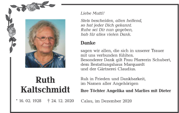 Traueranzeige von Ruth Kaltschmidt von lausitzer_rundschau