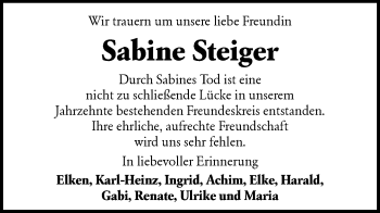 Traueranzeige von Sabine Steiger von lausitzer_rundschau