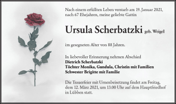 Traueranzeige von Ursula Scherbatzki von lausitzer_rundschau