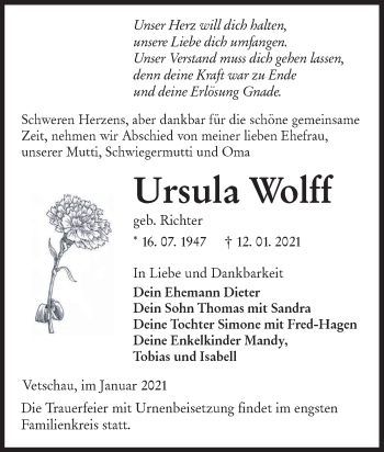 Traueranzeige von Ursula Wolff von lausitzer_rundschau