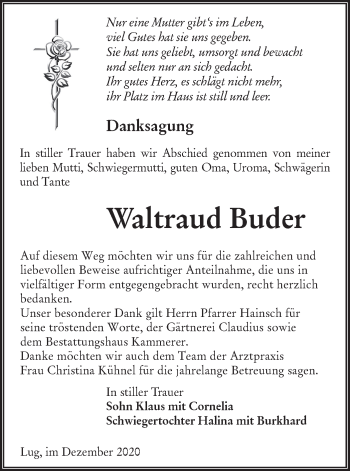 Traueranzeige von Waltraud Buder von lausitzer_rundschau