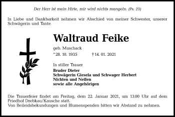 Traueranzeige von Waltraud Feike von lausitzer_rundschau