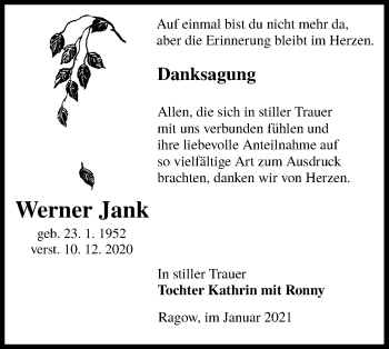 Traueranzeige von Werner Jank von lausitzer_rundschau