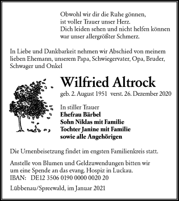 Traueranzeige von Wilfried Altrock von lausitzer_rundschau