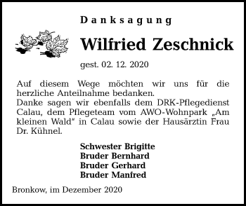 Traueranzeige von Wilfried Zeschnick von lausitzer_rundschau