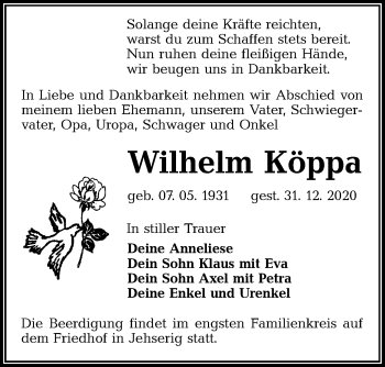 Traueranzeige von Wilhelm Köppa von lausitzer_rundschau