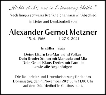Traueranzeige von Alexander Gernot Metzner von lausitzer_rundschau