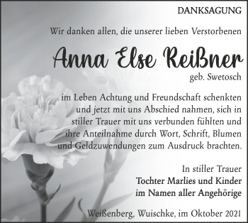 Traueranzeige von Anna Else Reißner von lausitzer_rundschau