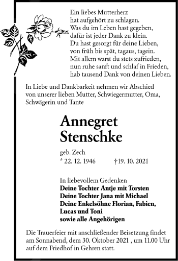 Traueranzeige von Annegret Stenschke von lausitzer_rundschau