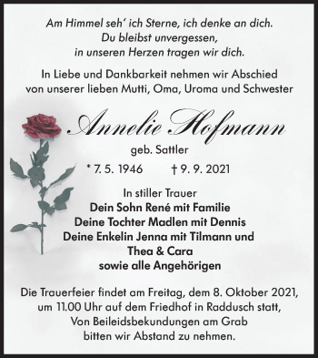Traueranzeige von Annelie Hofmann von lausitzer_rundschau