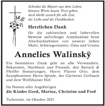 Traueranzeige von Annelies Walinsky von lausitzer_rundschau