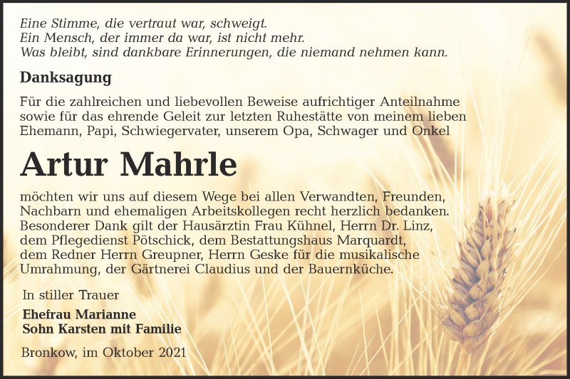  Traueranzeige für Artur Mahrle vom 30.10.2021 aus lausitzer_rundschau