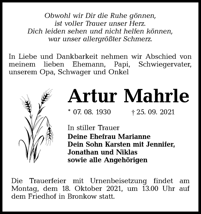  Traueranzeige für Artur Mahrle vom 02.10.2021 aus lausitzer_rundschau
